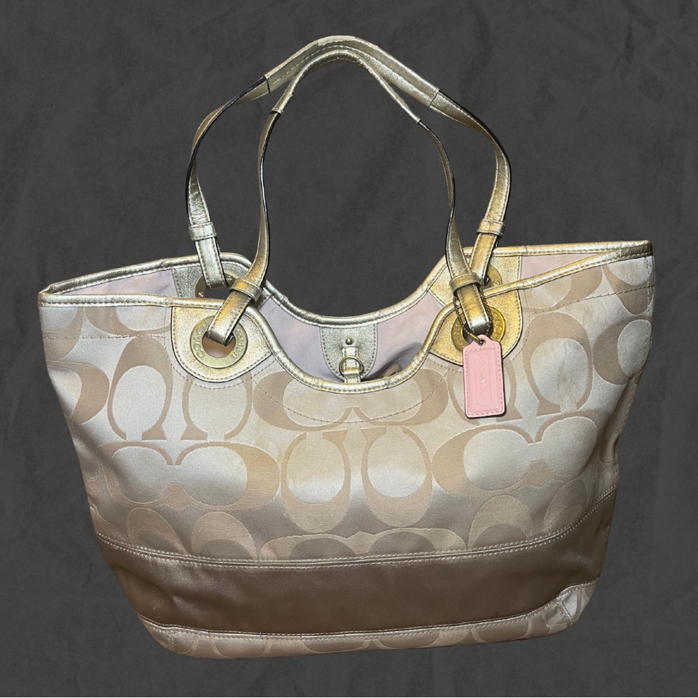 Coach Beige and Metallic Gold Signature Tote